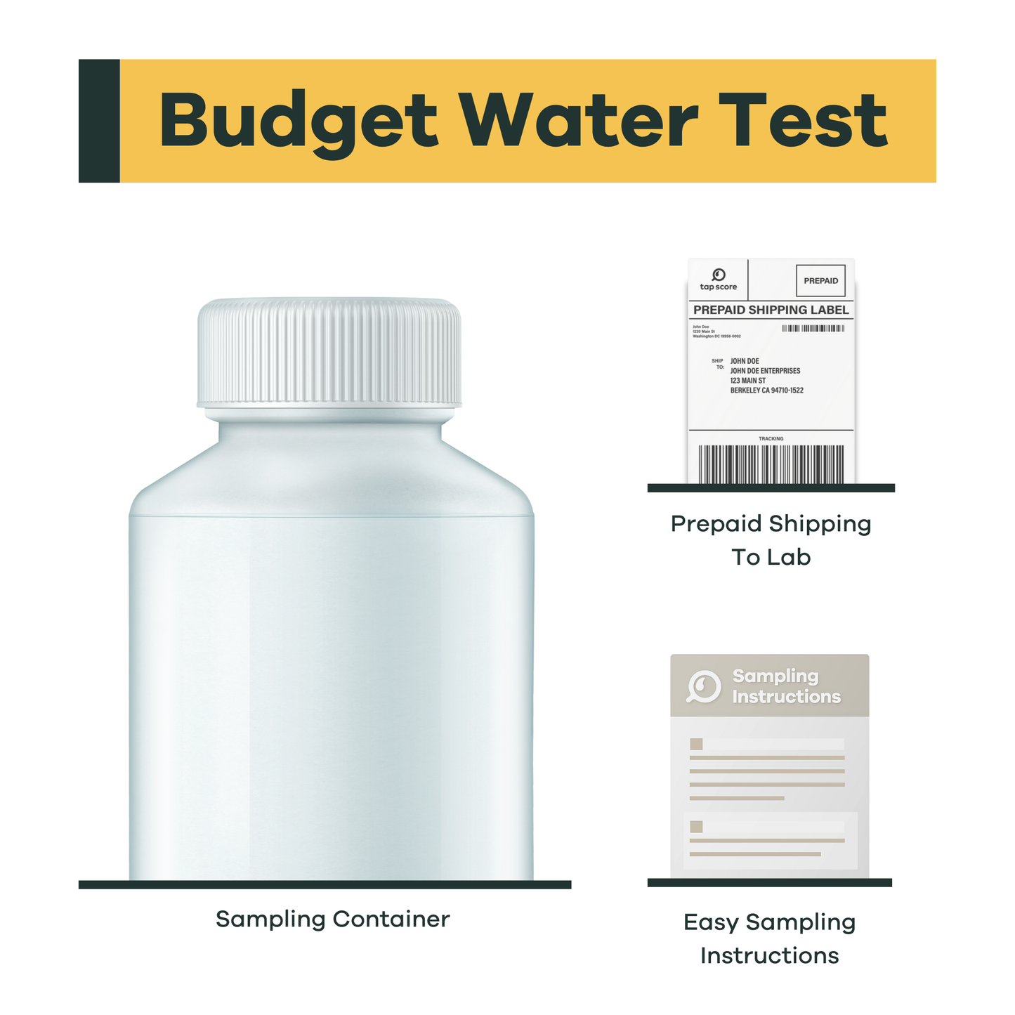 Sampling container for budget water test with prepaid shipping label and sampling instructions.