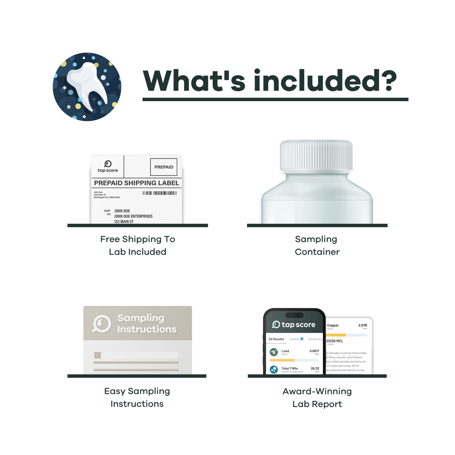 List of included items for fluoride in water sampling process with icons and text on a white background.