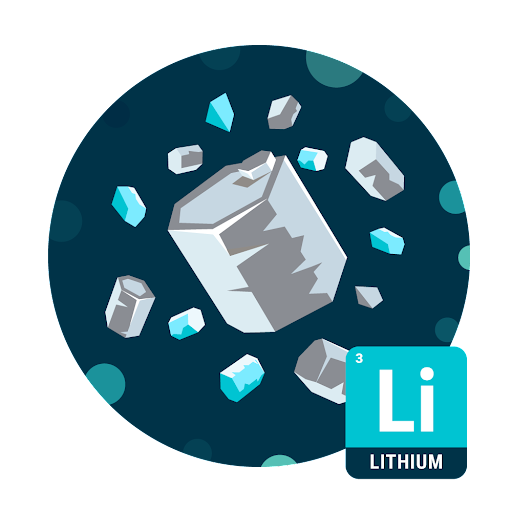 Illustration of lithium crystals with a 'Lithium' label on a dark blue background