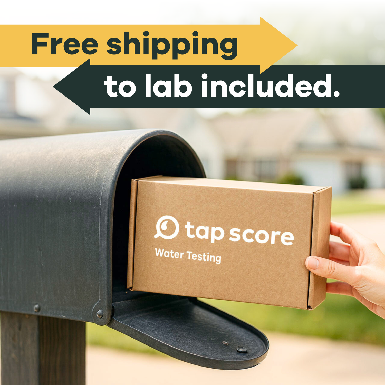 Person placing a box with 'tap score' branding into a mailbox with promotional text about free shipping.